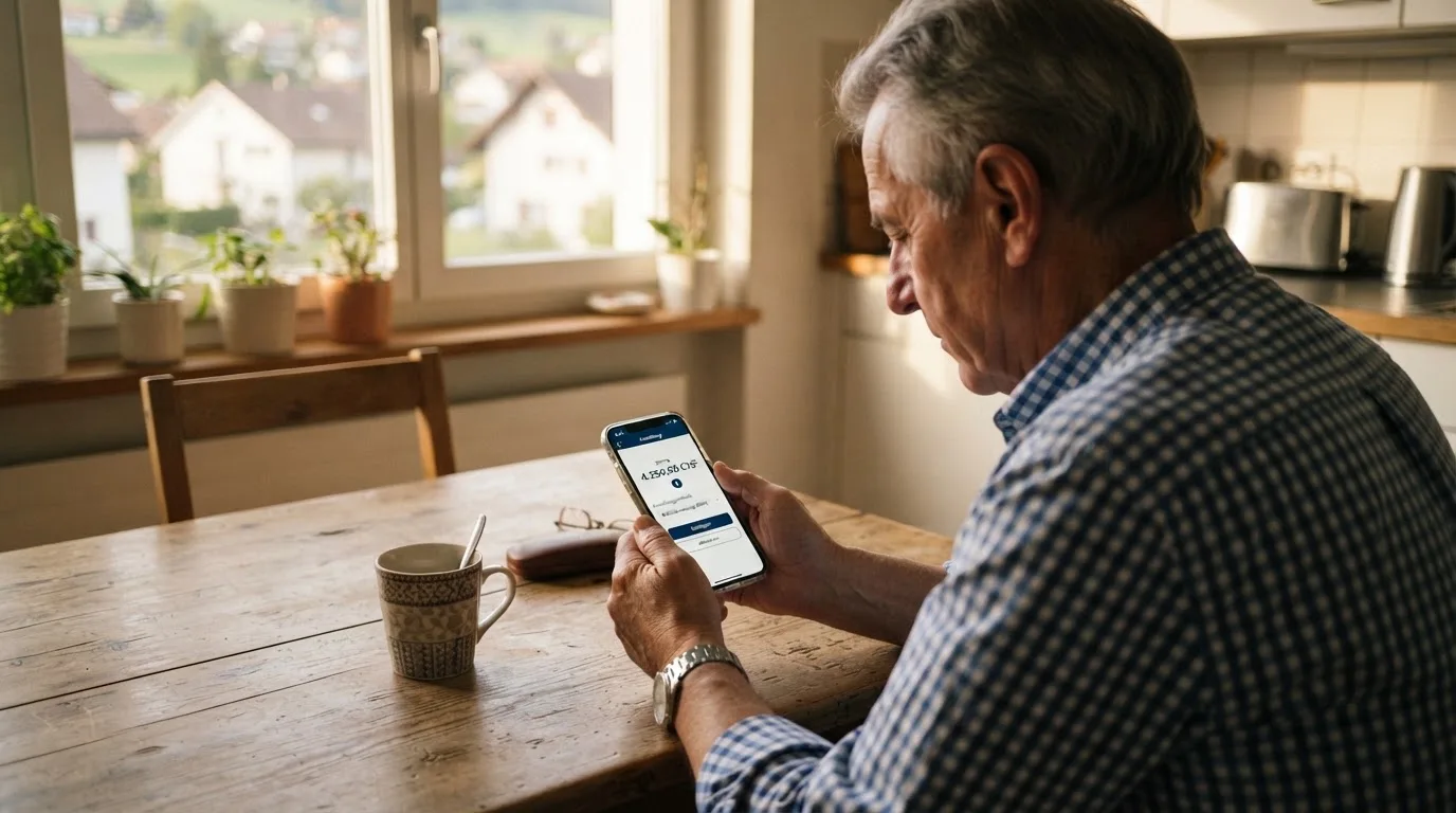 Älterer Mann sitzt am Küchentisch und liest konzentriert auf seinem Smartphone, Nachmittagslicht im Raum.