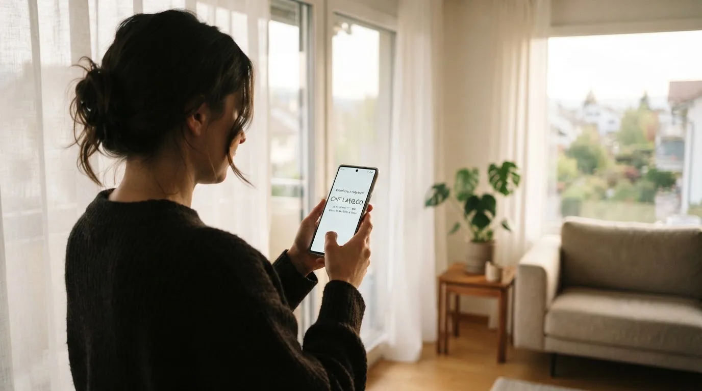 Frau steht am Fenster eines Wohnzimmers und blickt auf ihr Smartphone, Nachmittagslicht durch die Vorhänge.