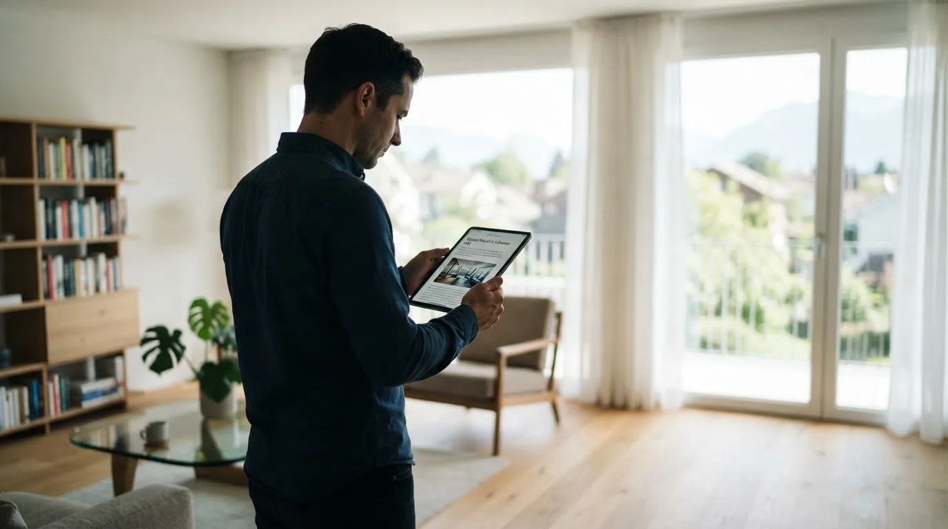 Mann steht in einem hellen Wohnzimmer und blickt konzentriert auf ein Tablet, Fenster mit Tageslicht.